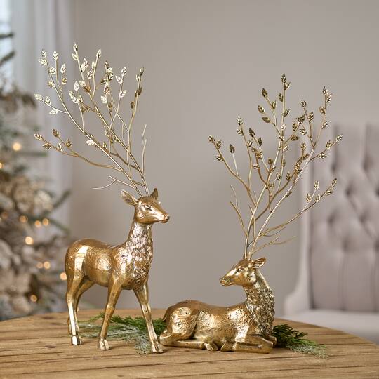 Melrose Distressed Gold Deer with Metal Tree Antlers Set